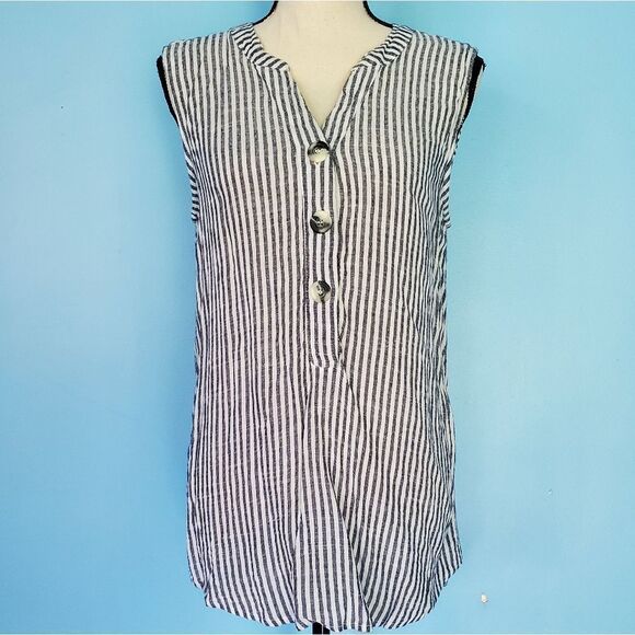 Sara Studio Tops - Sara Studio Gray/White Striped Button Detail High Low Sleeveless Shirt
